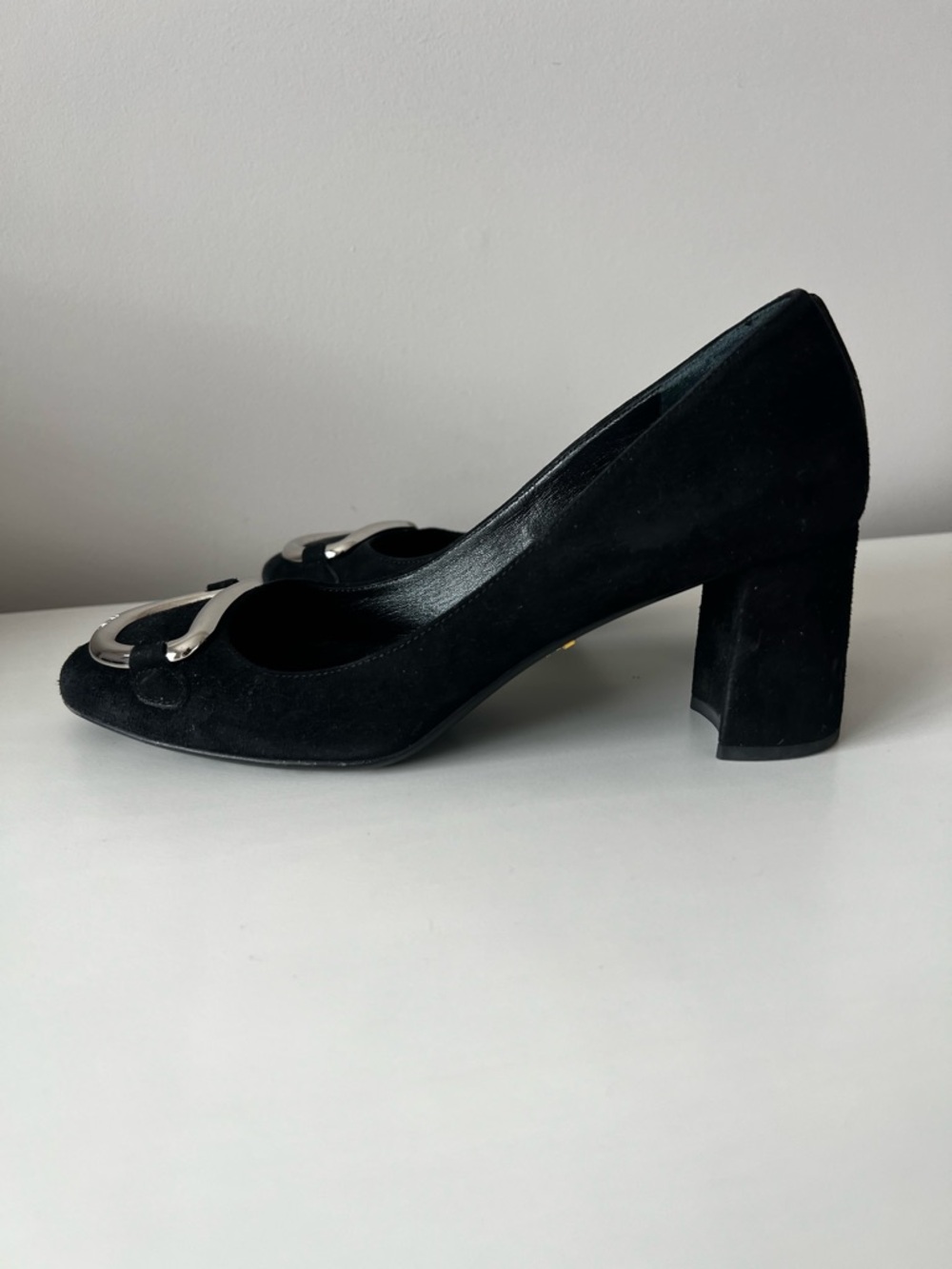 Prada Black Suede Pumps with Silver Buckle - Picture 9 of 10